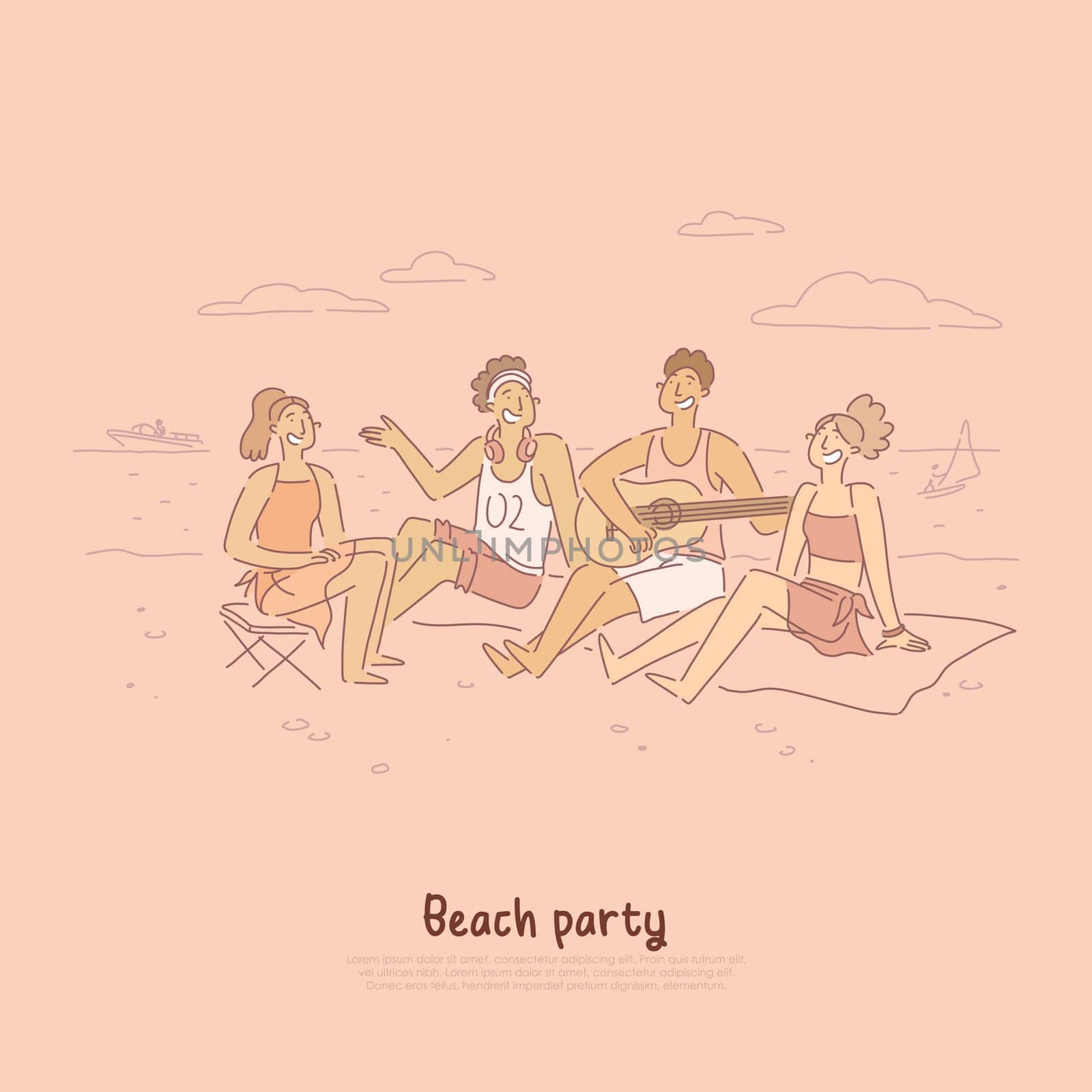 People having chat on shore of sea, ocean, musician playing guitar sitting on sand, summertime vacation activity banner. Beach party cartoon concept sketch. Flat vector illustration