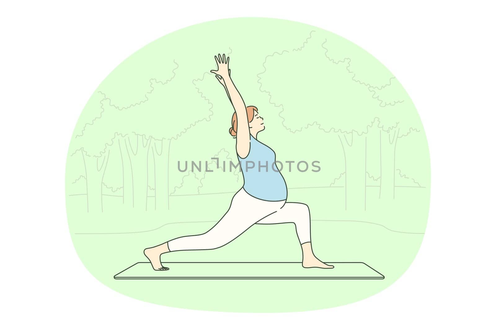 Pregnancy, motherhood, active lifestyle of pregnant woman concept. Young happy pregnant woman cartoon character exercising and practicing yoga and meditation on fitness mat in park outdoors