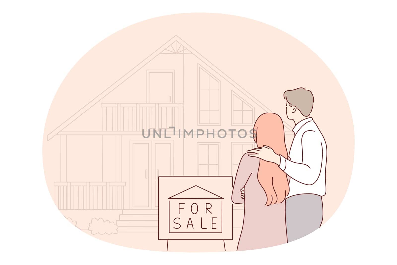 Relocating, dreaming of new apartment concept. Young happy couple cartoon characters standing backwards and looking at prefect house for sale dreaming of relocating in apartment vector illustration