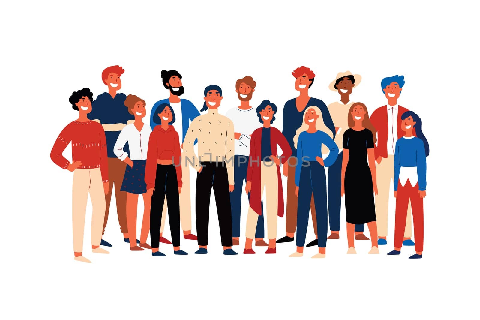 Confident people, student society members, cheerful volunteers standing together, smiling young men. Happy activists, multiethnic group concept cartoon sketch. Flat vector illustration