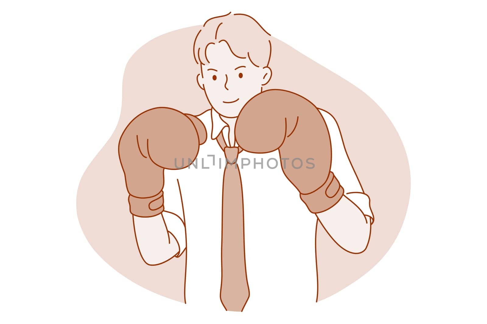 Business, competition, challenge concept. Young confident businessman cartoon character in boxing gloves standing and feeling ready to fight or defend in market business vector illustration