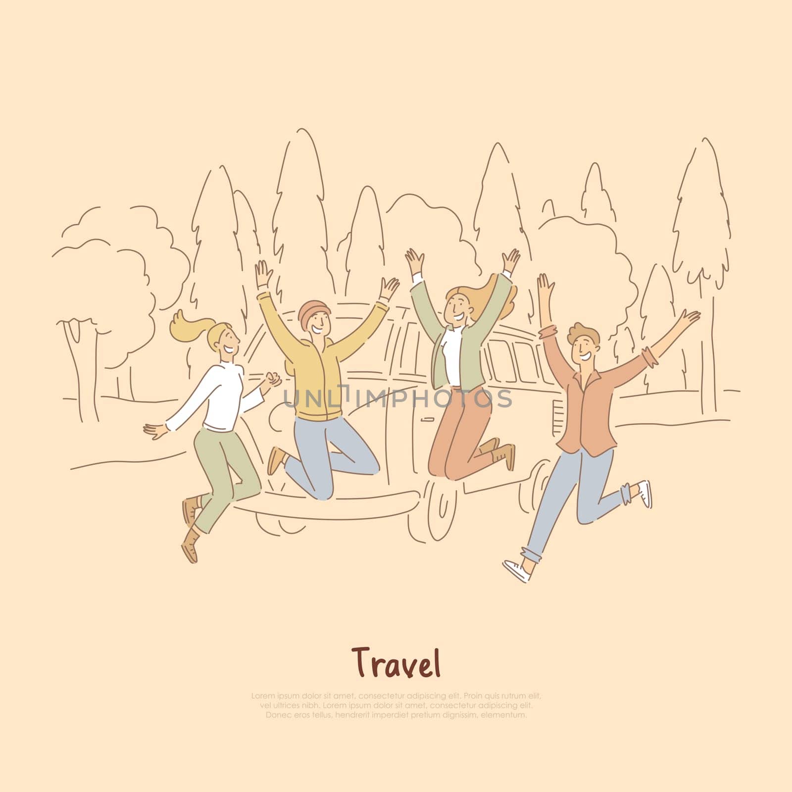 Friends enjoying road trip, teenagers, students having fun outdoors, in countryside banner. Traveling by vintage car to national park, forest concept cartoon sketch. Flat vector illustration