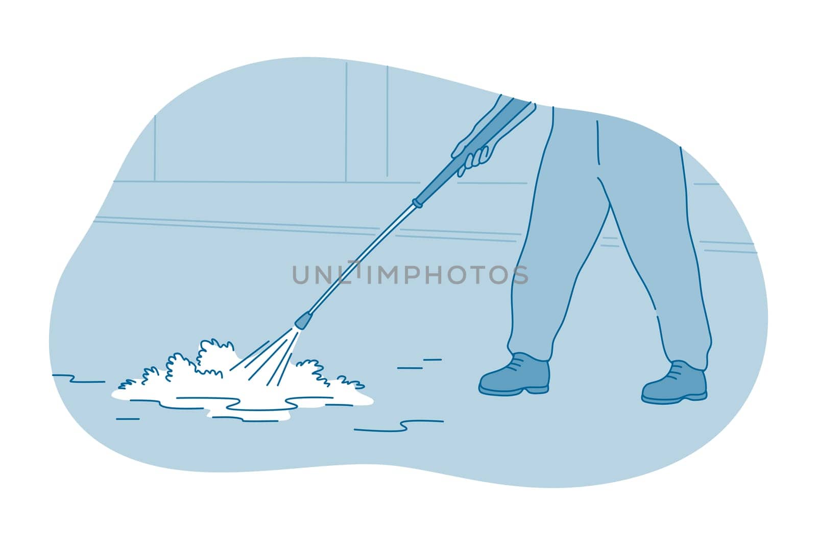 Cleaning, housework, washing concept. hands of worker or maid making floor cleaning with lexical foam liquid and mop indoors at home vector illustration