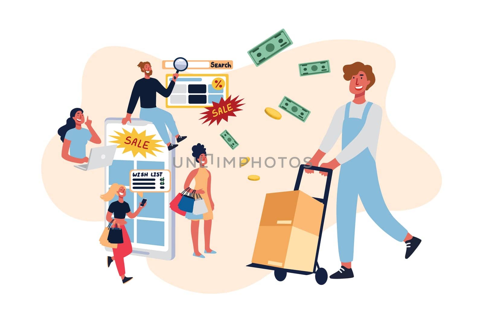 Total sale, shoppers on black friday buying electronics, cheerful clients, customers happy with purchases. E-commerce, online shopping concept cartoon sketch. Flat vector illustration