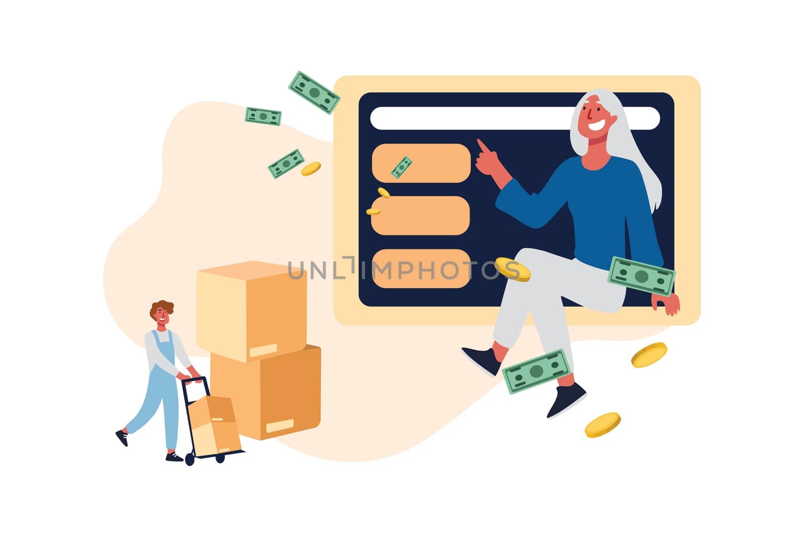 Buying online, buyer purchasing domestic appliances, ecommerce website user ordering products in Internet. Online shopping and delivery service concept cartoon sketch. Flat vector illustration