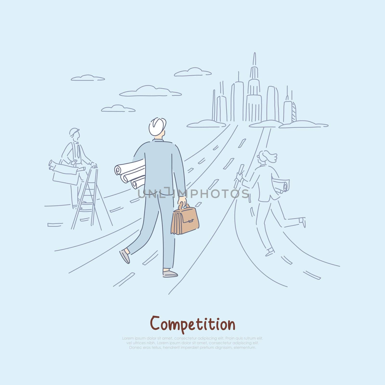 Competition in labor market, fighting for career opportunities metaphor, architects, designers offering projects banner. Competitive workers, employees concept cartoon sketch. Flat vector illustration