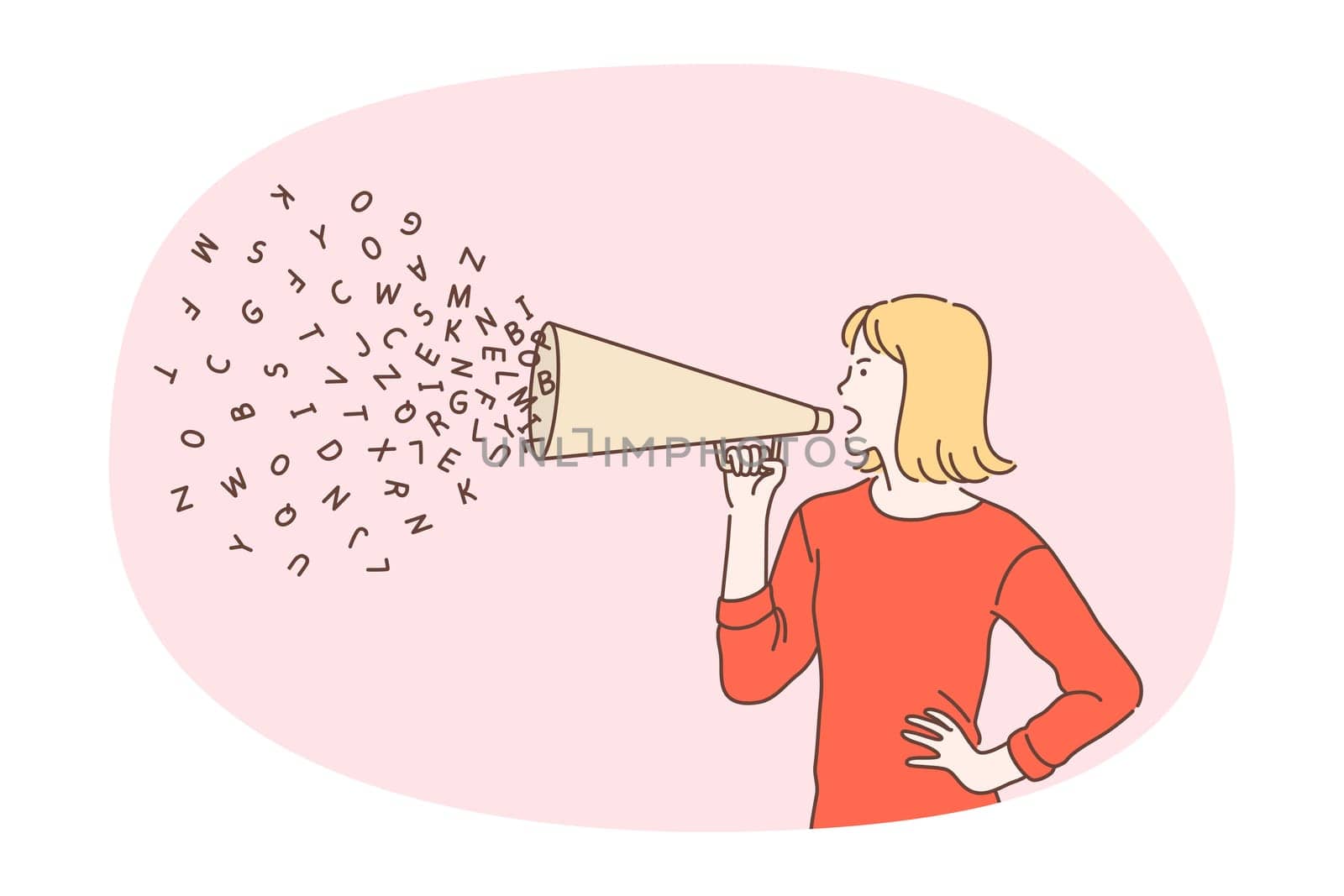 Announcement, speaker, communication concept. Young active woman cartoon character standing and shouting in megaphone speaker announcing something loud vector illustration