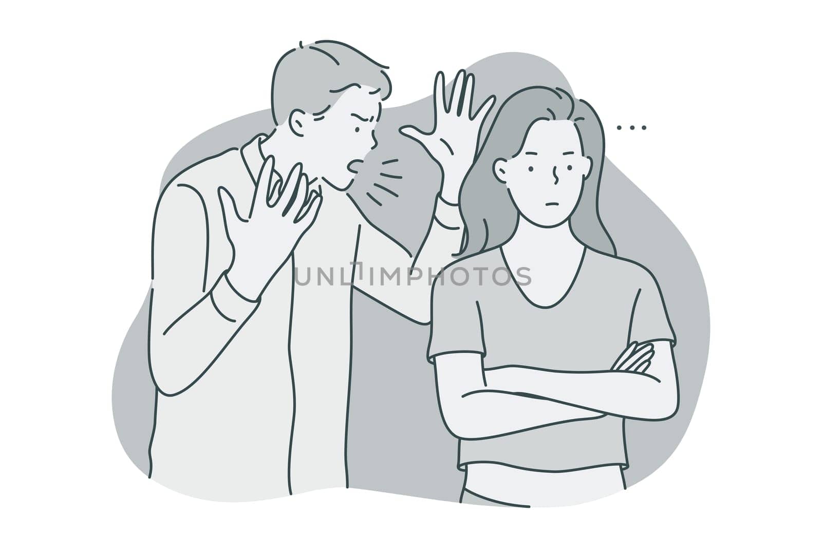Misunderstanding, quarrelling, fighting concept. Young unhappy couple fighting with each other, screaming and listening to complaints of partner feeling depressed and angry illustration