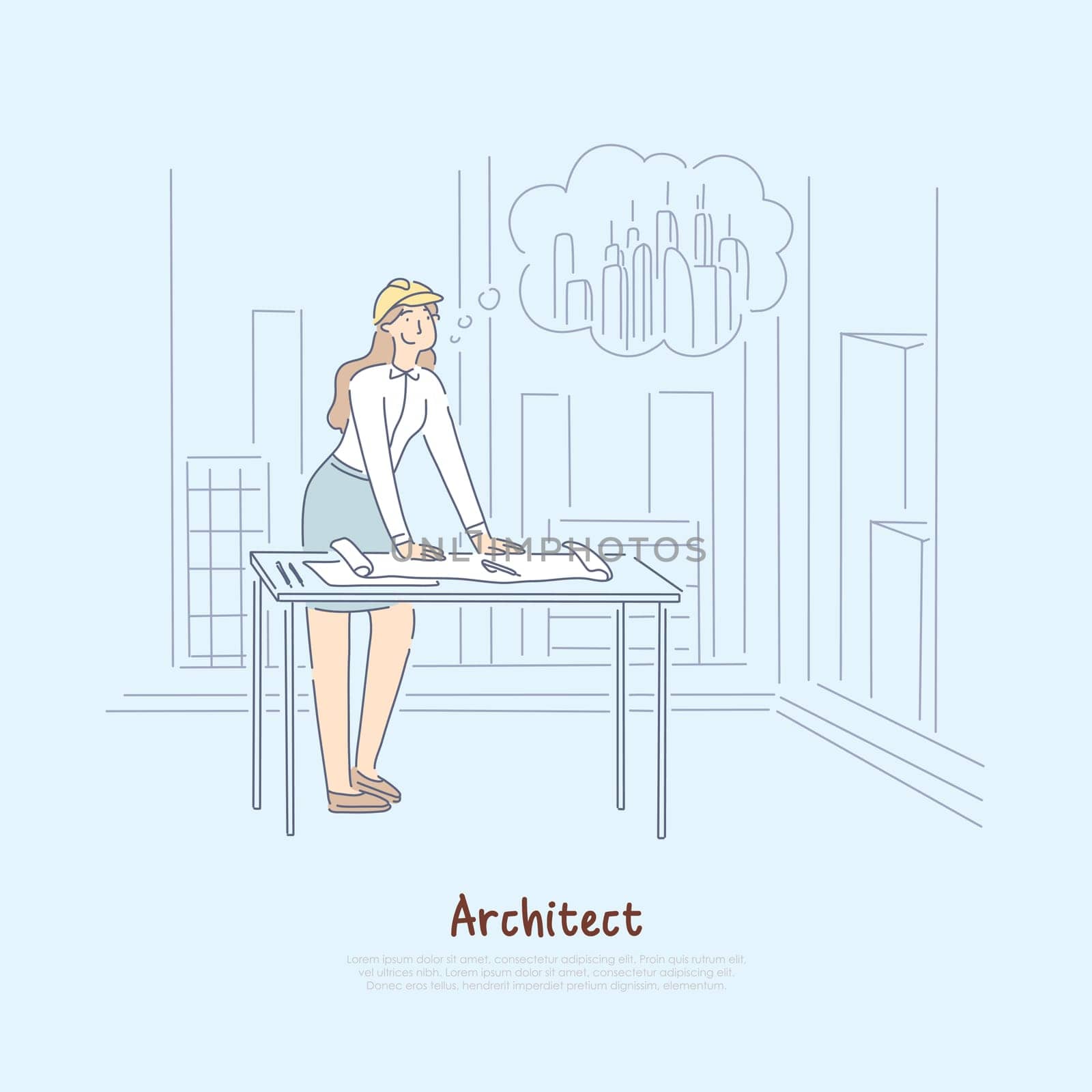 Architect imagining new project, female engineer dreaming about constructing skyscraper in city banner. Young designer creating construction blueprint concept cartoon sketch. Flat vector illustration