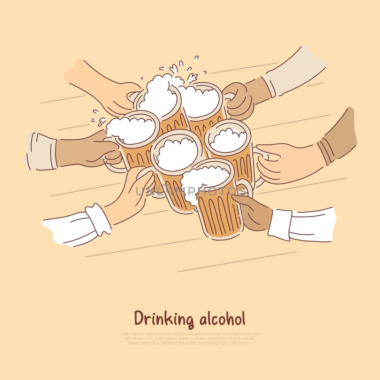 Drinking alcohol, beer with foam, ale glasses clinking, meeting, relax with friends in bar banner. Oktoberfest event, traditional German beverage concept cartoon sketch. Flat vector illustration