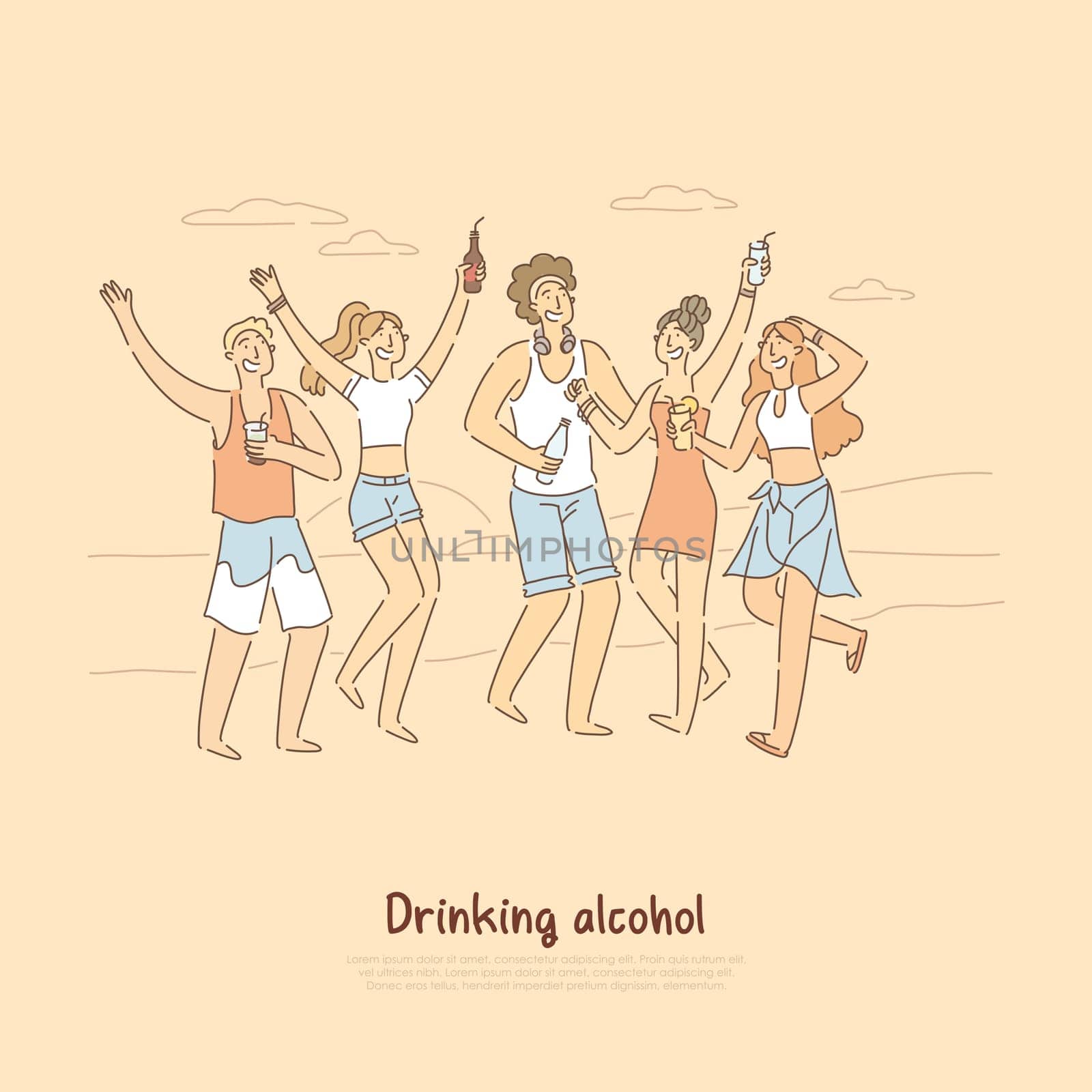 Group of people having different beverages on beach, partying with friends outdoors in summertime banner. Drinking alcoholic cocktails cartoon concept sketch. Flat vector illustration