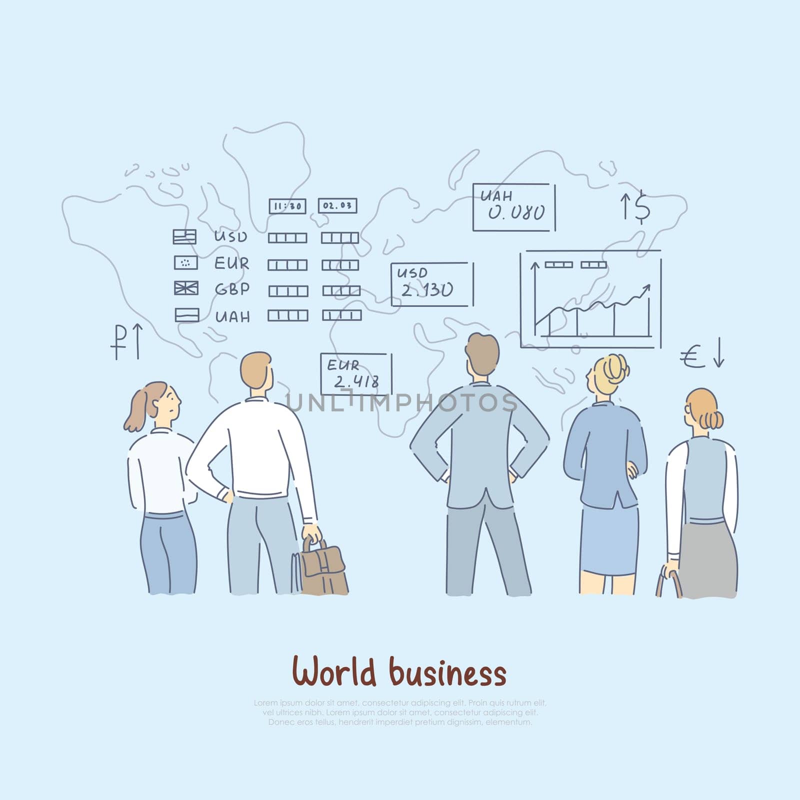 Global economy analytics, finance experts analysing word business rates, foreign currency stability banner. Bankers, analysts study market trends concept cartoon sketch. Flat vector illustration