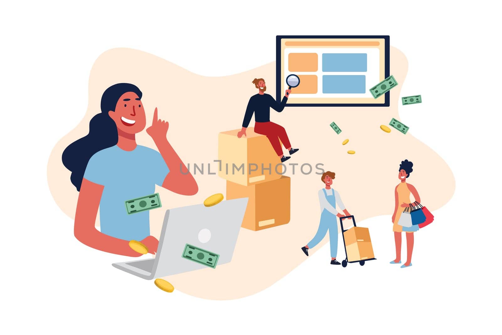 E-commerce website users, eshopping helpline, customer support service manager, buyers purchasing electronics online. Delivery guy helping shopaholic concept cartoon sketch. Flat vector illustration