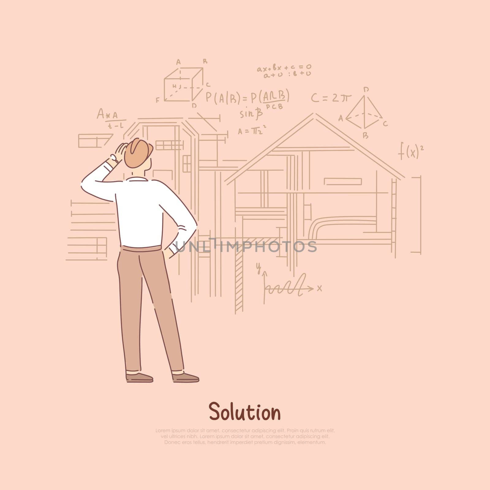 Builder considering engineering solution, architect calculating house, dwelling place construction banner. Engineer with geometry formulas on blueprint concept cartoon sketch. Flat vector illustration