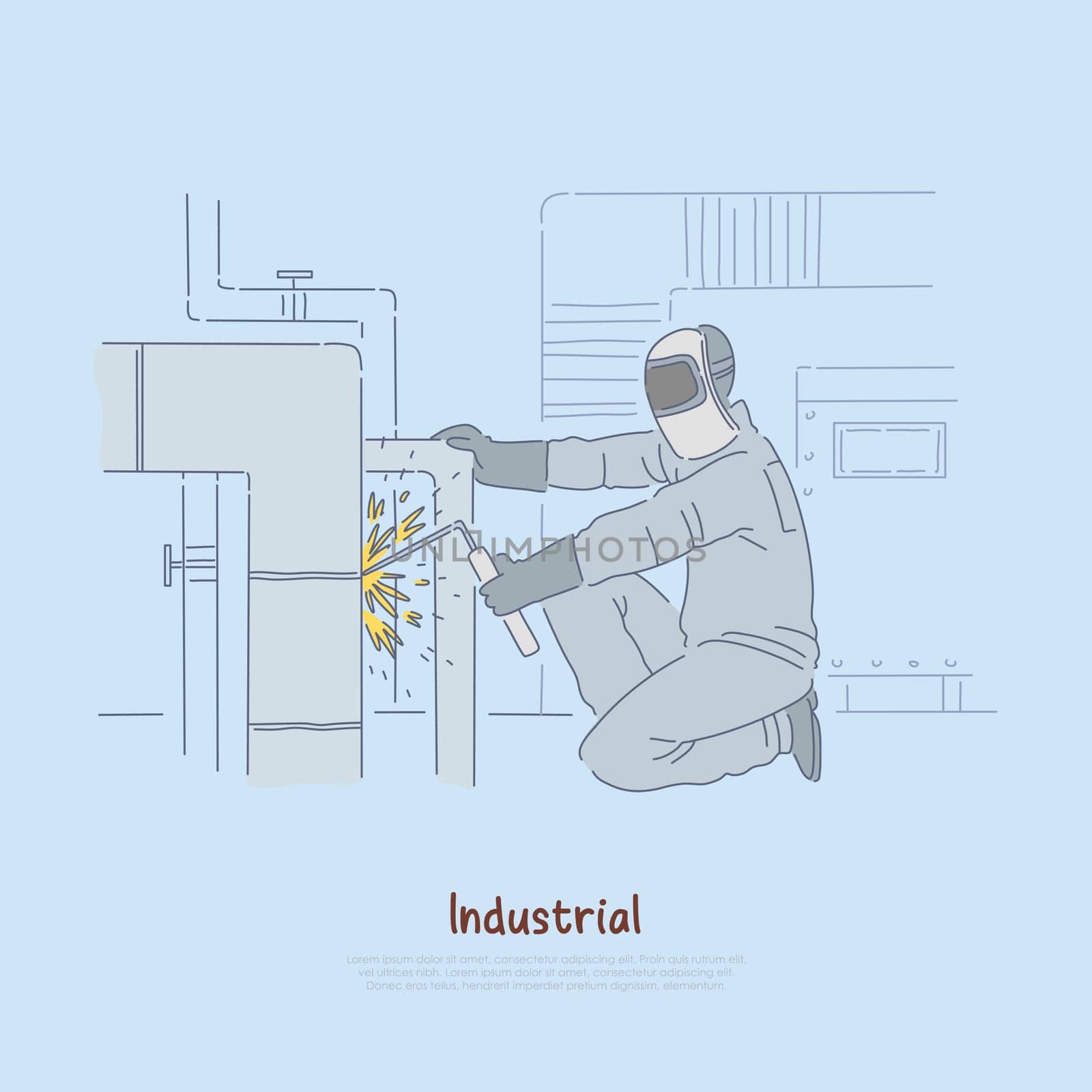 Welding operator at work, worker in uniform and protective safety helmet, gloves welding steel pipe banner. Factory, industrial manufacturing concept cartoon sketch. Flat vector illustration