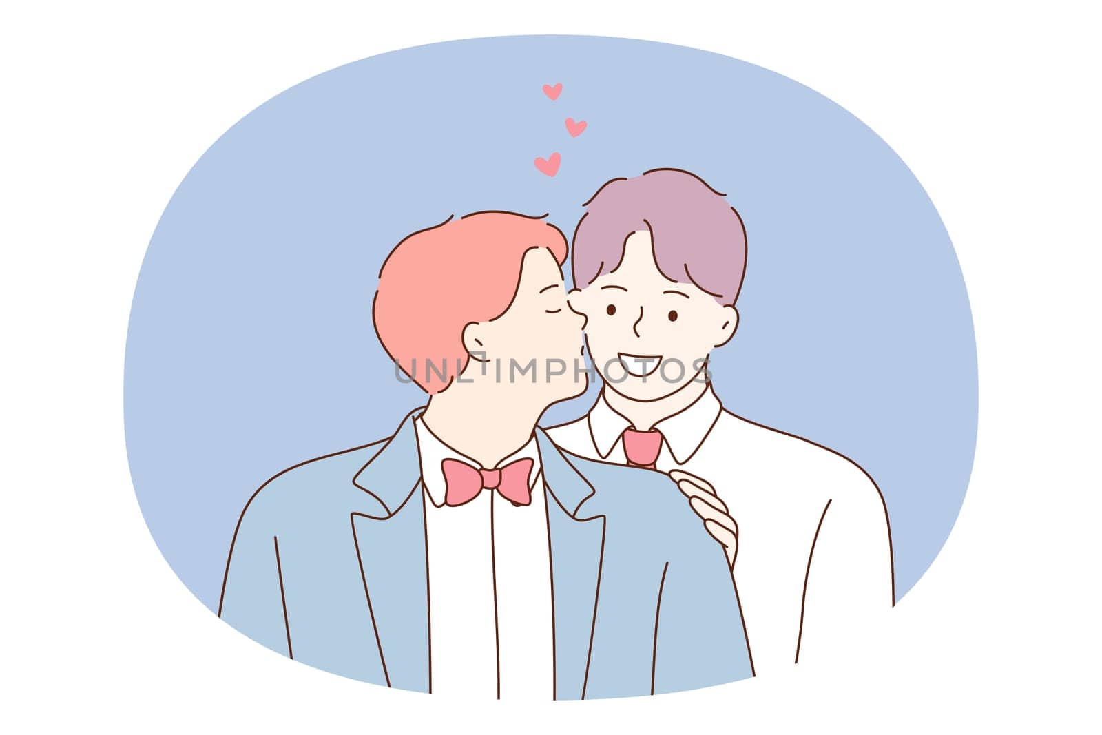 Gay couple, homosexuality, equality of people concept. Two young smiling boys gays couple cartoon characters standing and kissing vector illustration. Same sex pair, freedom, lgbt relationship