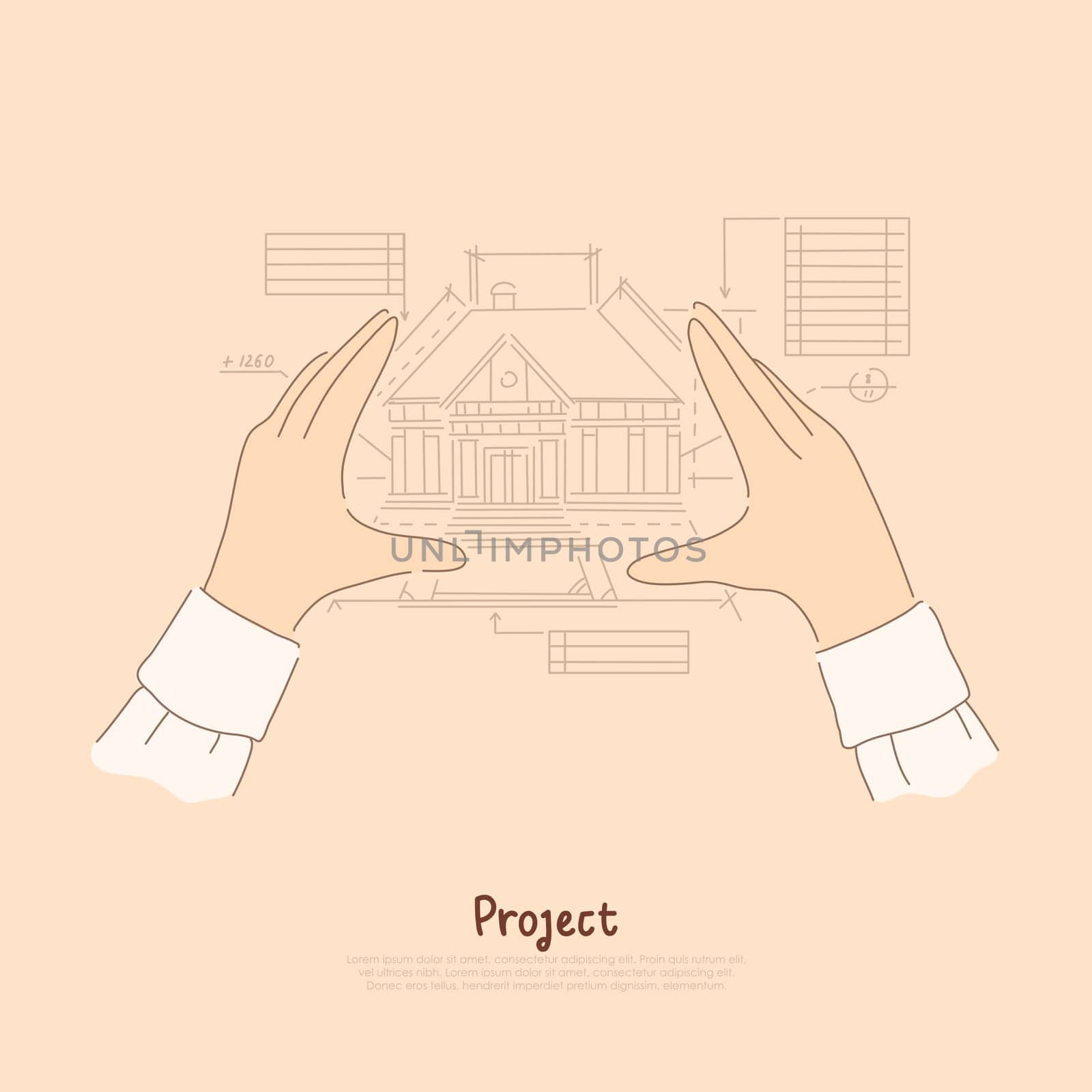 Creator arms metaphor, architect envisioning future house, blueprint measurements of building project banner. Engineer designs cottage construction concept cartoon sketch. Flat vector illustration