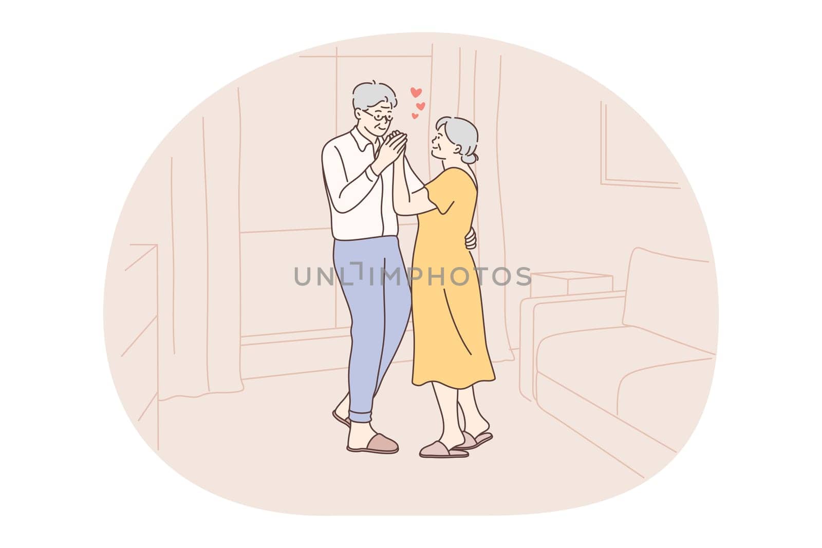 Senior elderly couple living happy active lifestyle concept. Mature aged couple pensioners woman and man standing hugging and feeling love to each other at home. Retiree, pensioner happiness