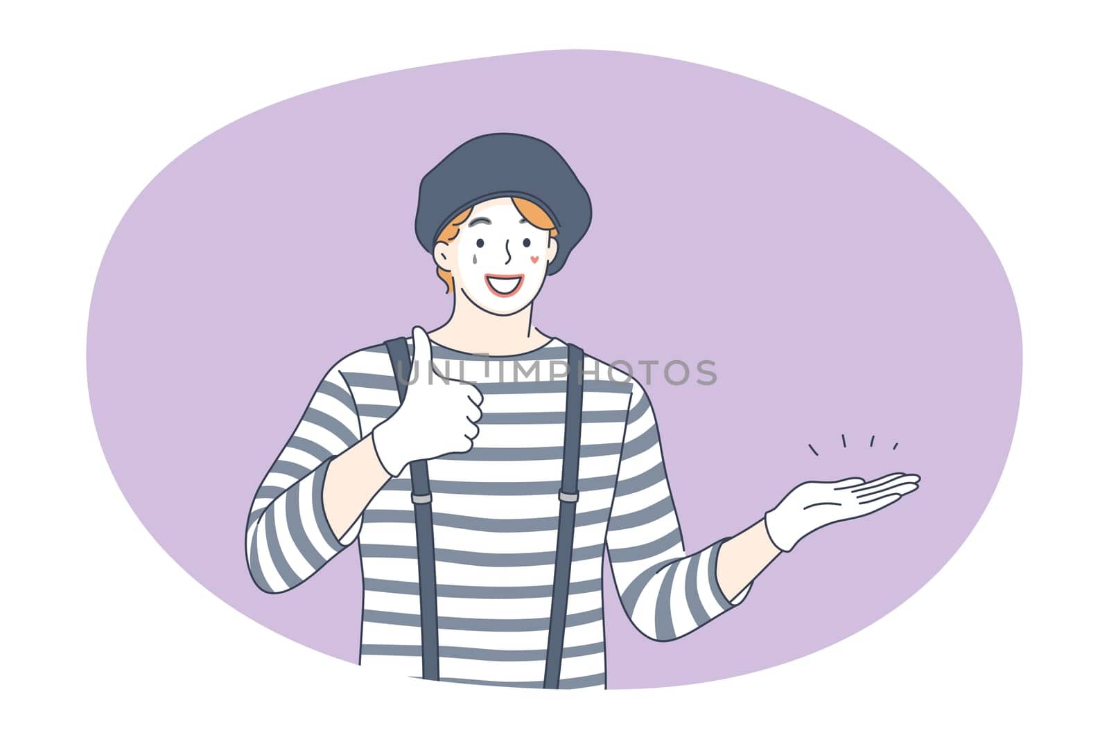 Circus, performance, entertainment concept. Young man clown performer cartoon character in striped costume and cap showing thumbs up sign during circus show. Leisure, art, performer illustration