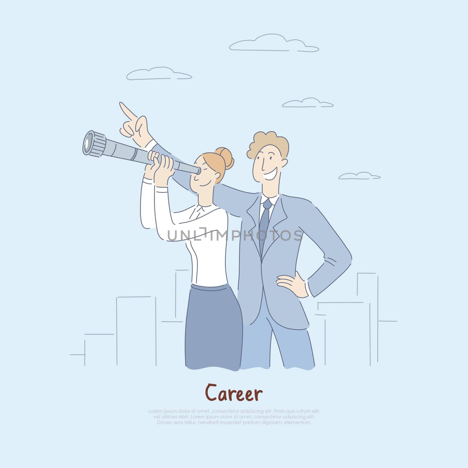 Businessman pointing at sky, businesswoman looking into telescope, planning for future metaphor, job opportunities banner. Career development cartoon concept sketch. Flat vector illustration