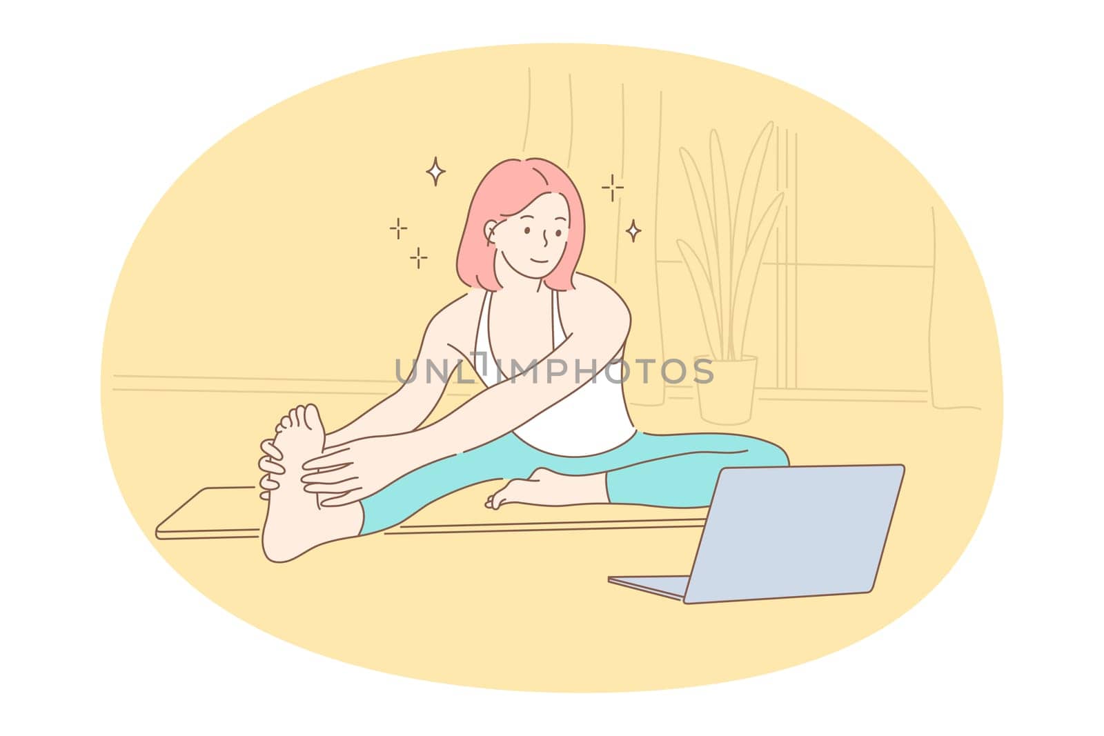 Online workout, yoga, pilates concept. Young happy woman cartoon character exercising and practicing yoga and meditation on fitness mat at home with laptop and distant lesson on screen