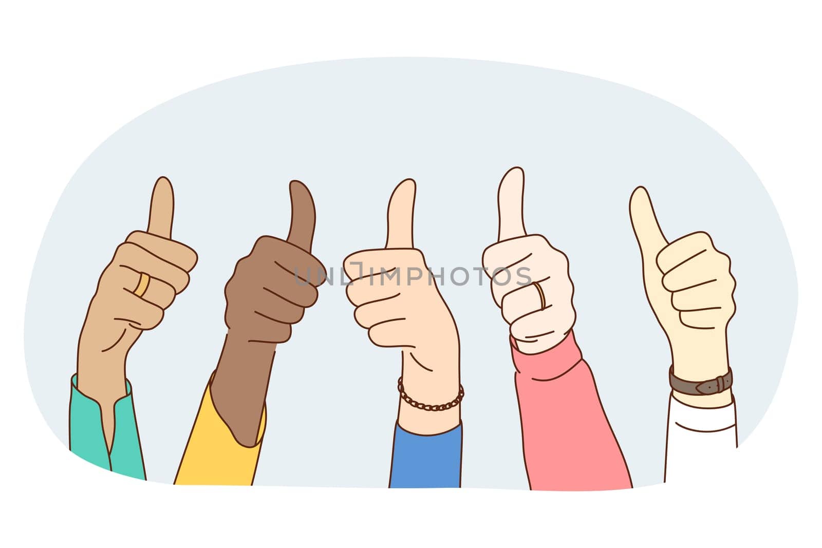 Thumbs up sign, Gesture hand language concept. Hands of mixed race people showing thumbs up luck positive sign with fingers. Teamwork, mutual support, unity, friendship illustration