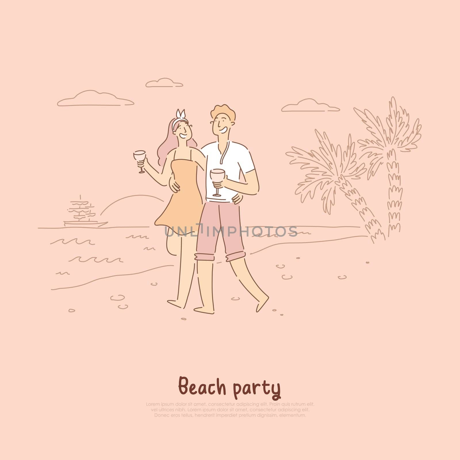 Beach party romance, romantic couple on date, lovers enjoy summertime vacation, oceanic sunset, drinking cocktails by seaside banner. Honeymoon trip concept cartoon sketch. Flat vector illustration
