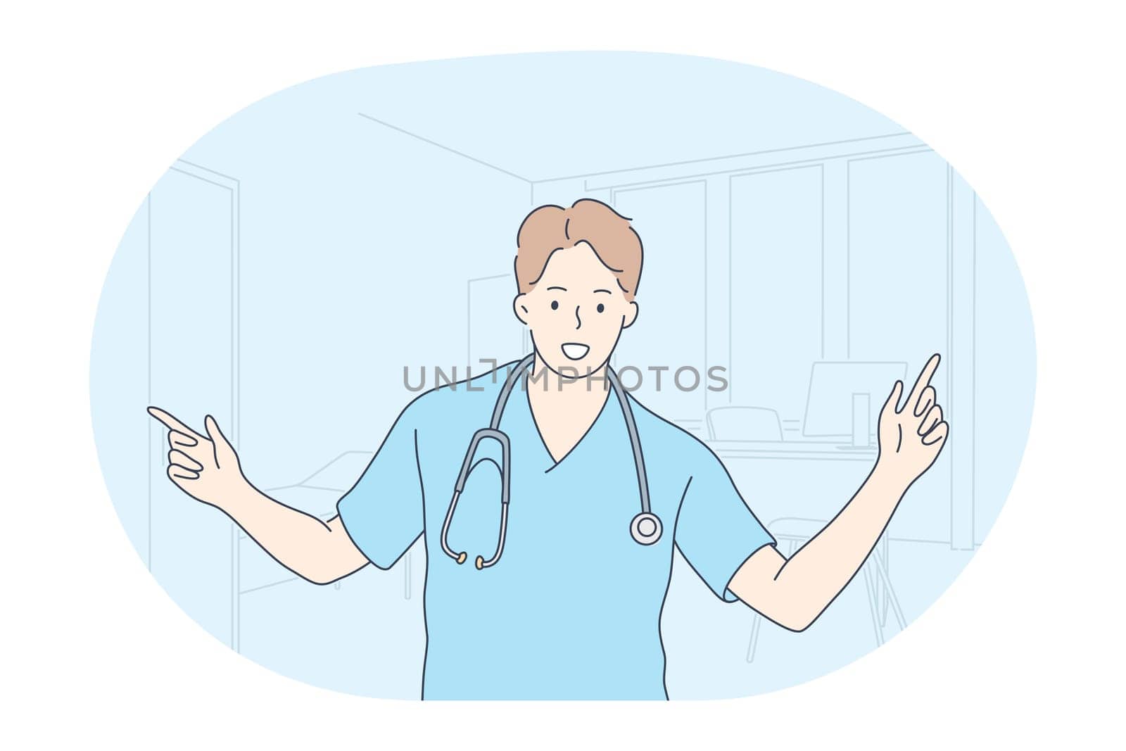 Doctor, medicine, healthcare concept. Young smiling man doctor therapist or nurse in blue uniform cartoon character standing and feeling happy in medical clinic office. Medicare, therapist