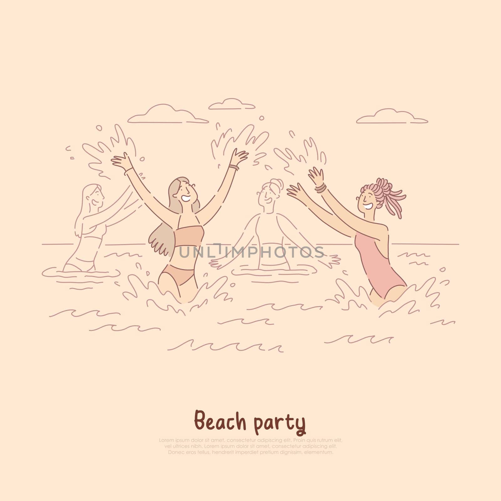 Girls dancing in sea, enjoying summer vacation, beach party fun, celebration banner. Summertime relax, outdoor activities, entertainment concept cartoon sketch. Flat vector illustration