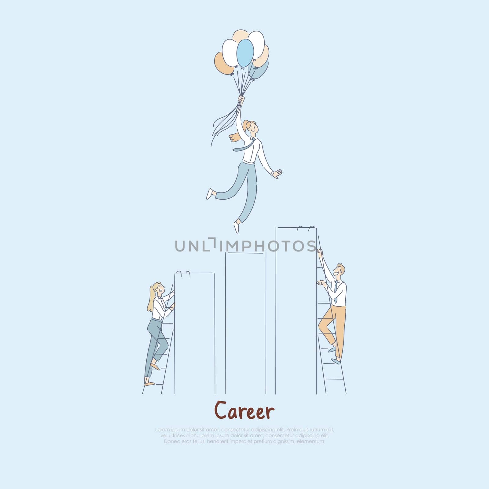 People climbing career ladder to success, achieving goals and dreams, woman floating on balloons, reaching peak performance banner. Career growth cartoon concept sketch. Flat vector illustration