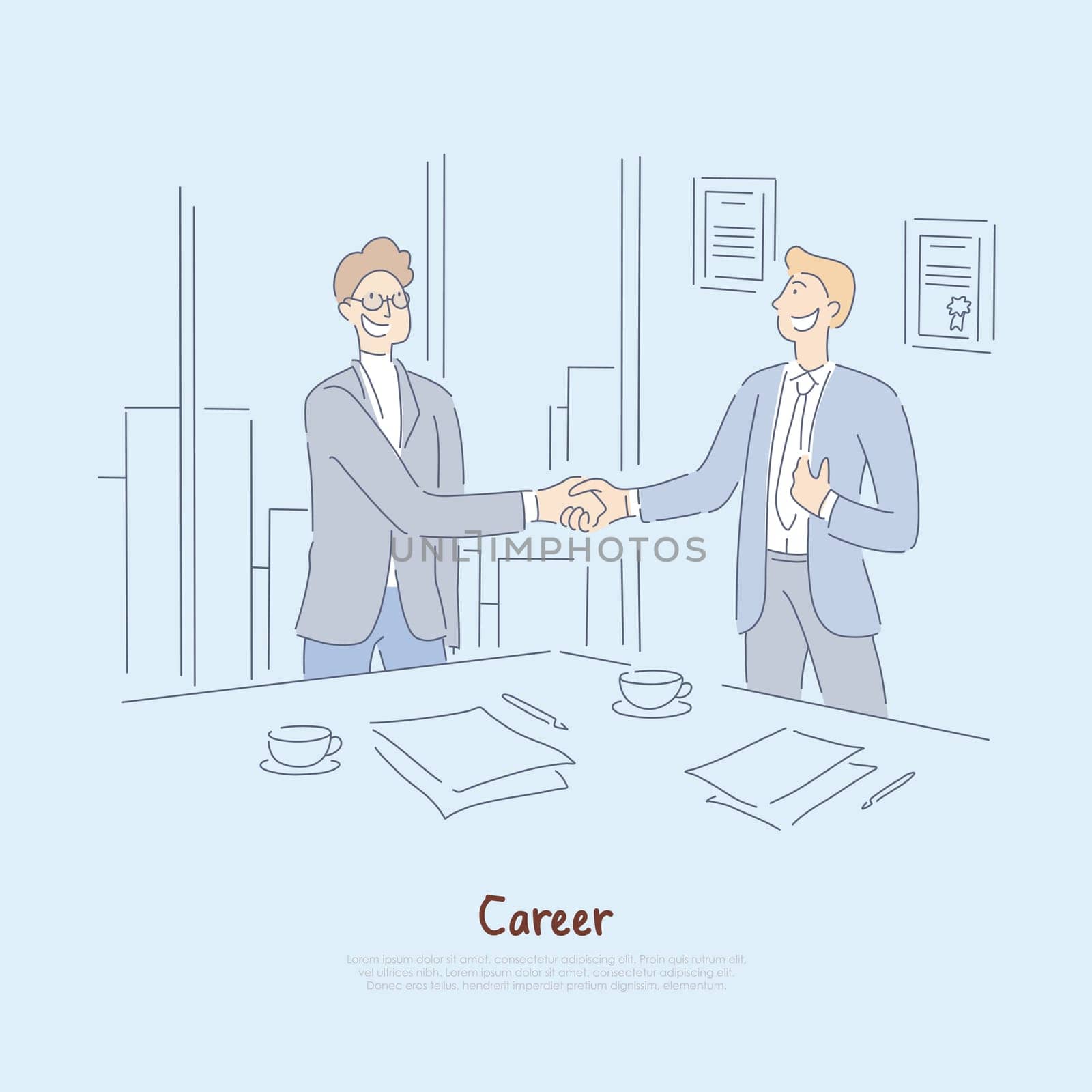 Striking deal, interview success, signing employment papers and contract, businessmen meeting in office banner. Career start, employment, recruitment cartoon concept sketch. Flat vector illustration