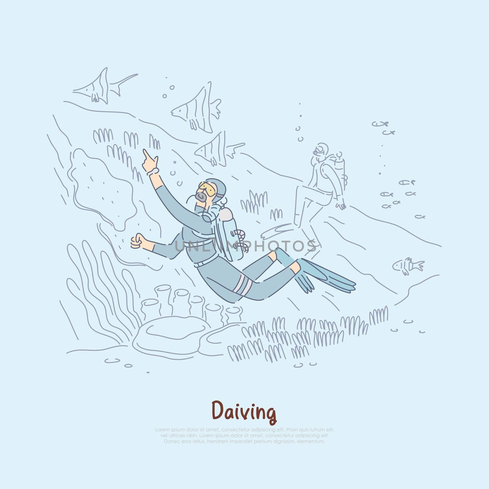 Diving fans studying underwater world, scuba divers in wetsuits with aqualungs swimming in sea banner. Oceanologists, scientists examine ecosystem concept cartoon sketch. Flat vector illustration