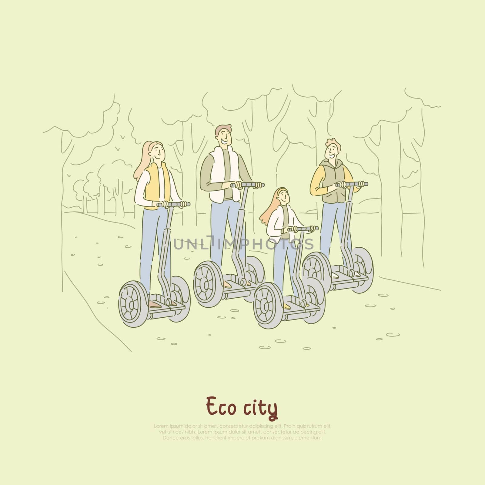Electrical transportation devices, eco self balancing transporters, family enjoying time at park, driving on scooters, ecological transport. Eco city cartoon concept sketch. Flat vector illustration
