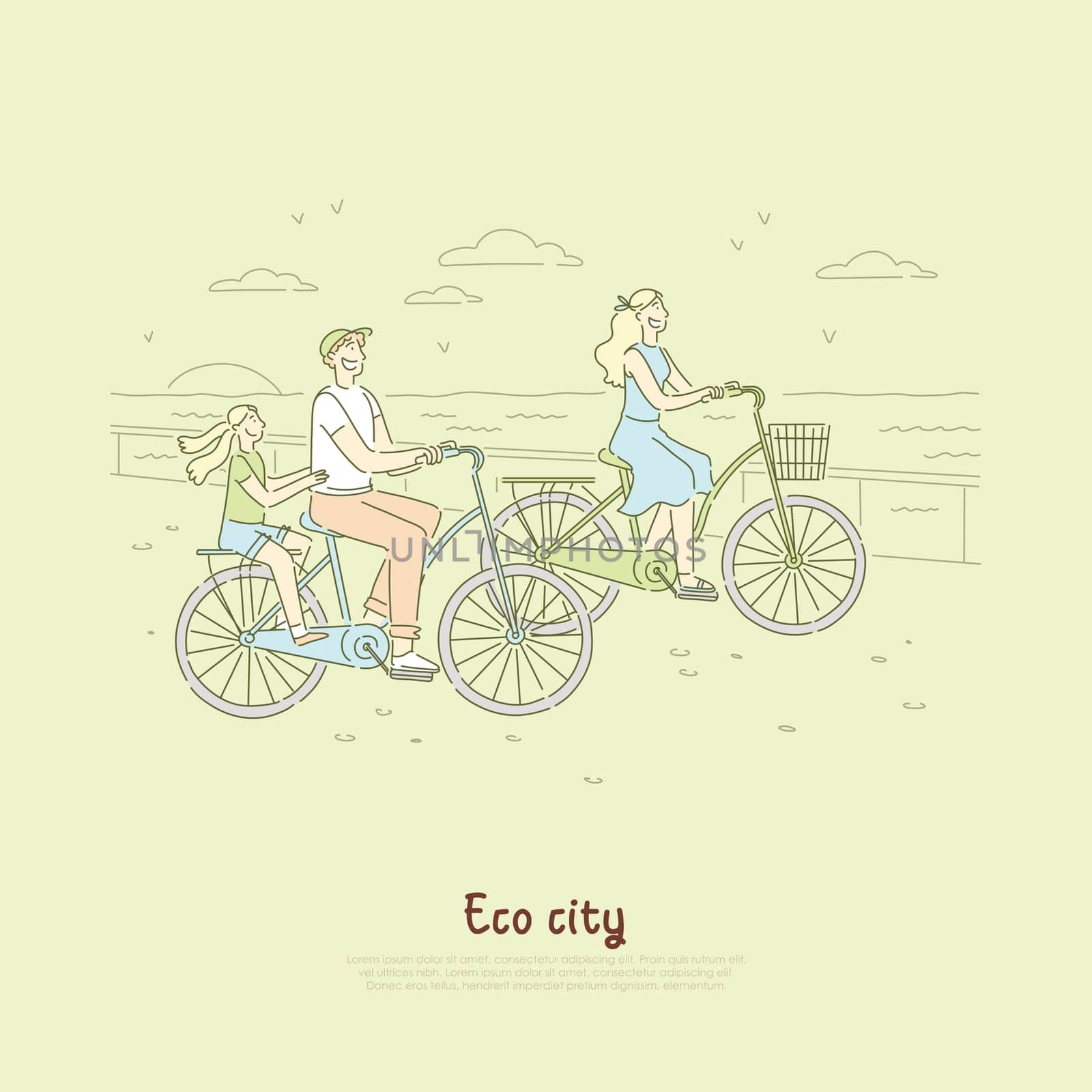 Family having bike ride near shore of sea, ocean, ecologically friendly transportation, fun weekend activity banner. Modern eco city cartoon concept sketch. Flat vector illustration