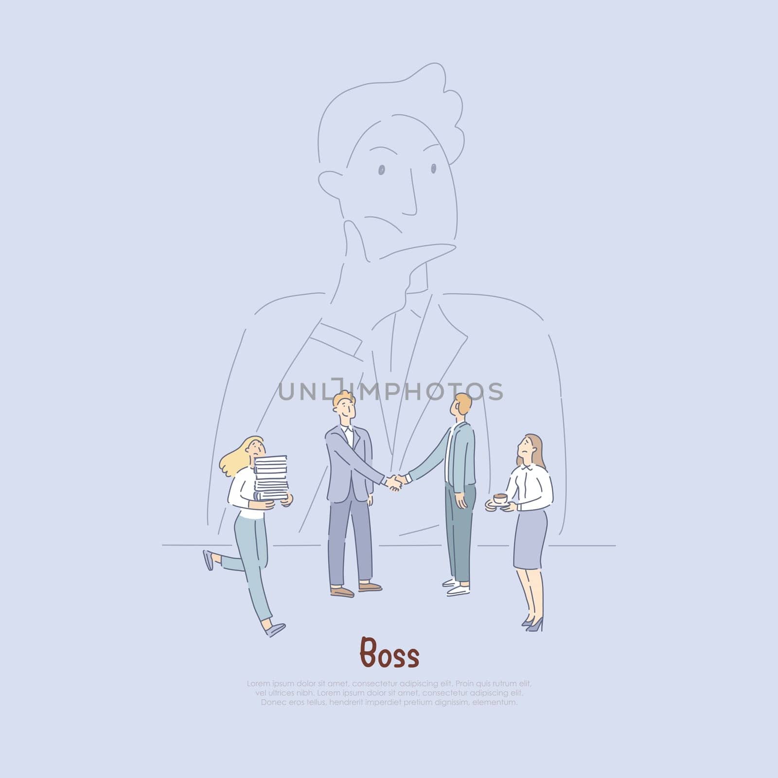 Boss watching employees efficiency, angry, dissatisfied chief, top manager looking at secretaries, office workers banner. Workplace supervision concept cartoon sketch. Flat vector illustration
