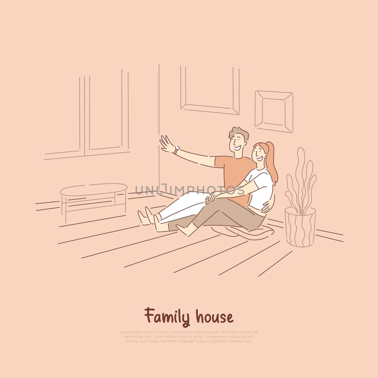 Boyfriend telling girlfriend funny story, man and woman sitting on living room floor smiling, cute young couple banner. New family house cartoon concept sketch. Flat vector illustration