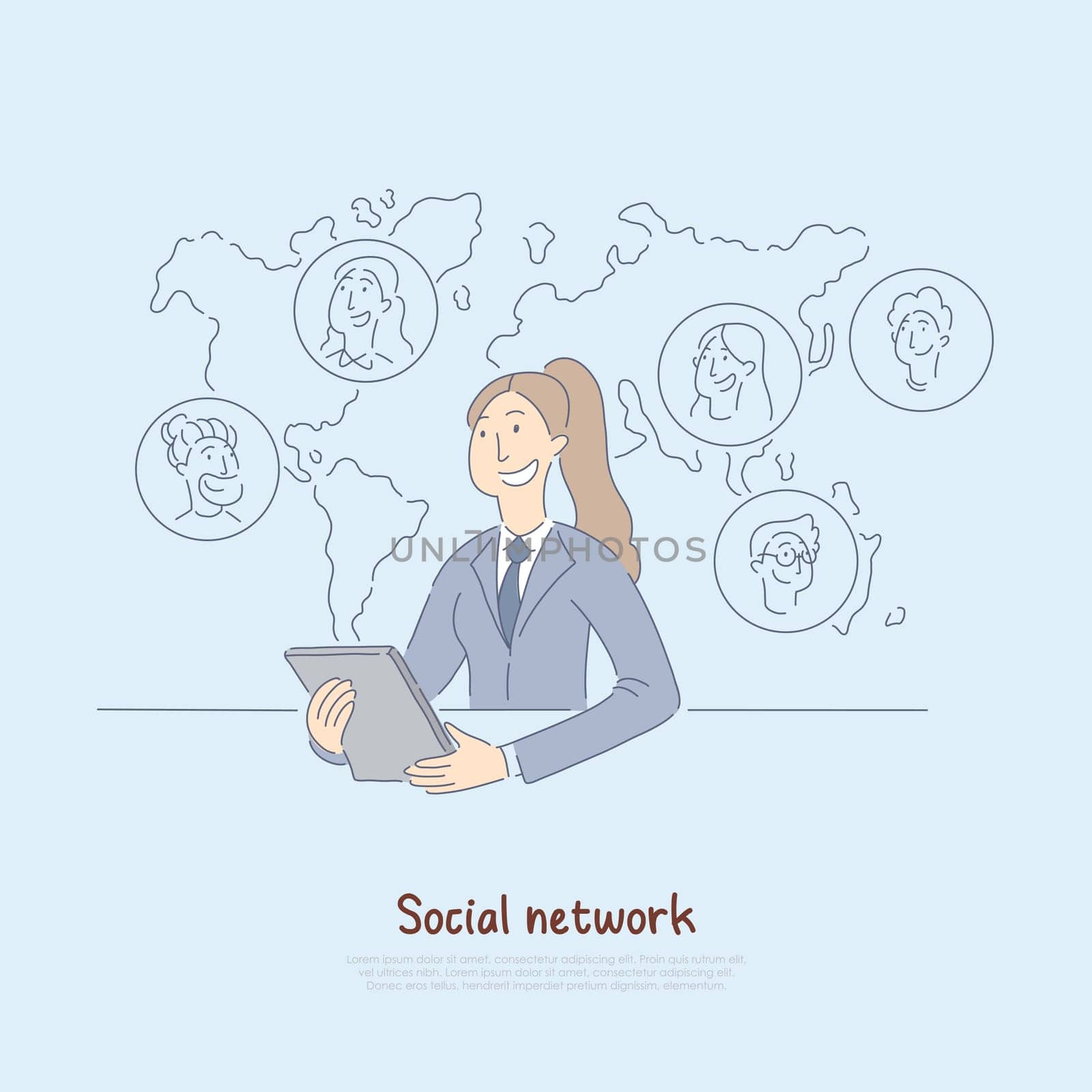Office worker having business calls on tablet, communicating with people around world, having online meeting banner. Social network concept cartoon sketch. Flat vector illustration