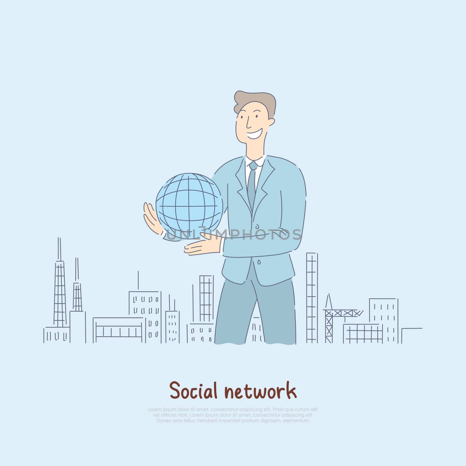 Man holding globe in middle of city, modern world in persons hands, digital communication generation representation banner. Social network cartoon concept sketch. Flat vector illustration