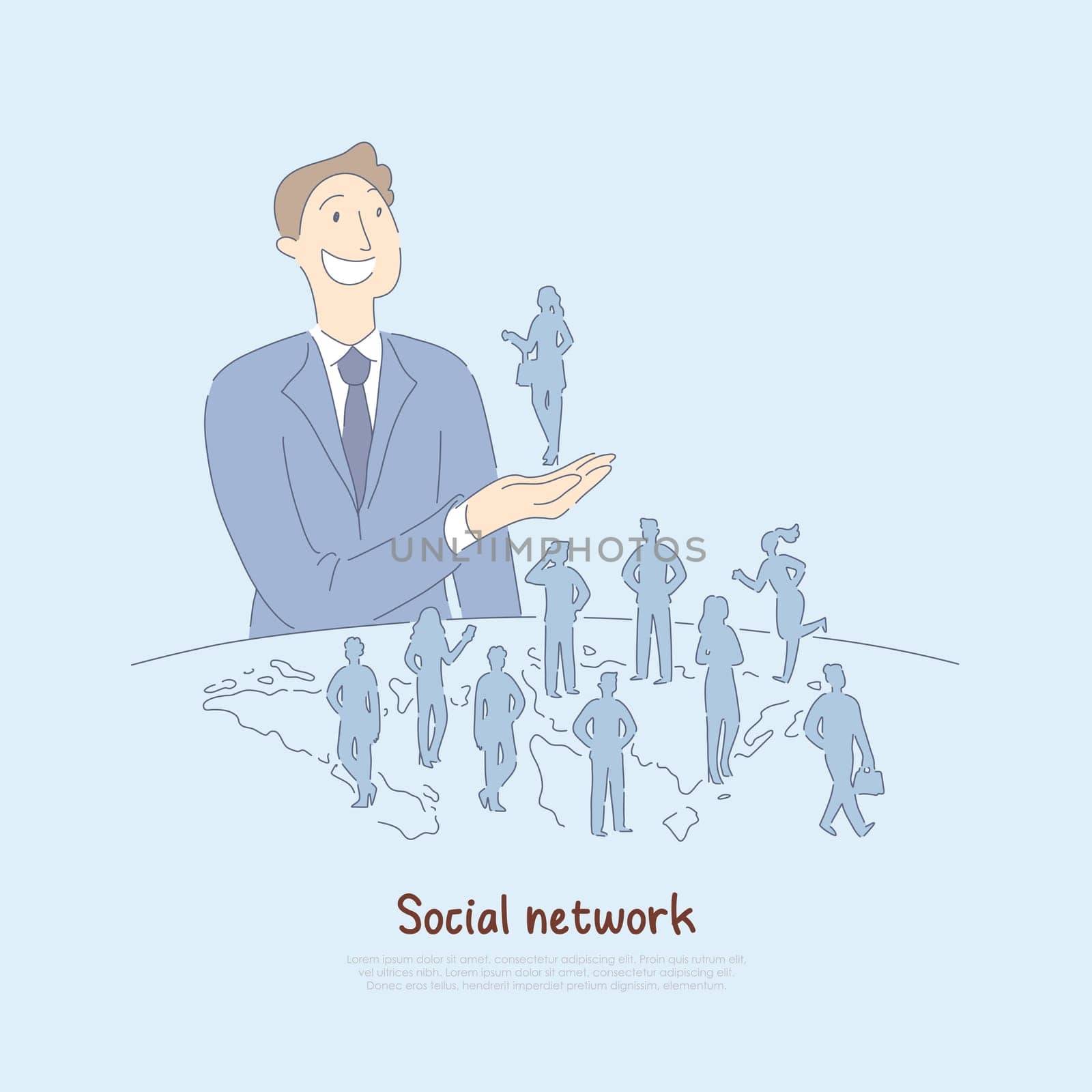 Happy man holding woman in hand, business online connection with people worldwide, modern world of communication banner. Social network cartoon concept sketch. Flat vector illustration