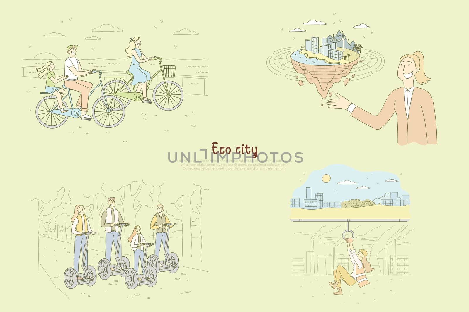 Family riding bicycles and electrical scooters outdoors, woman presenting environmentally friendly town model, change for future banner. Eco city cartoon concept sketch. Flat vector illustration