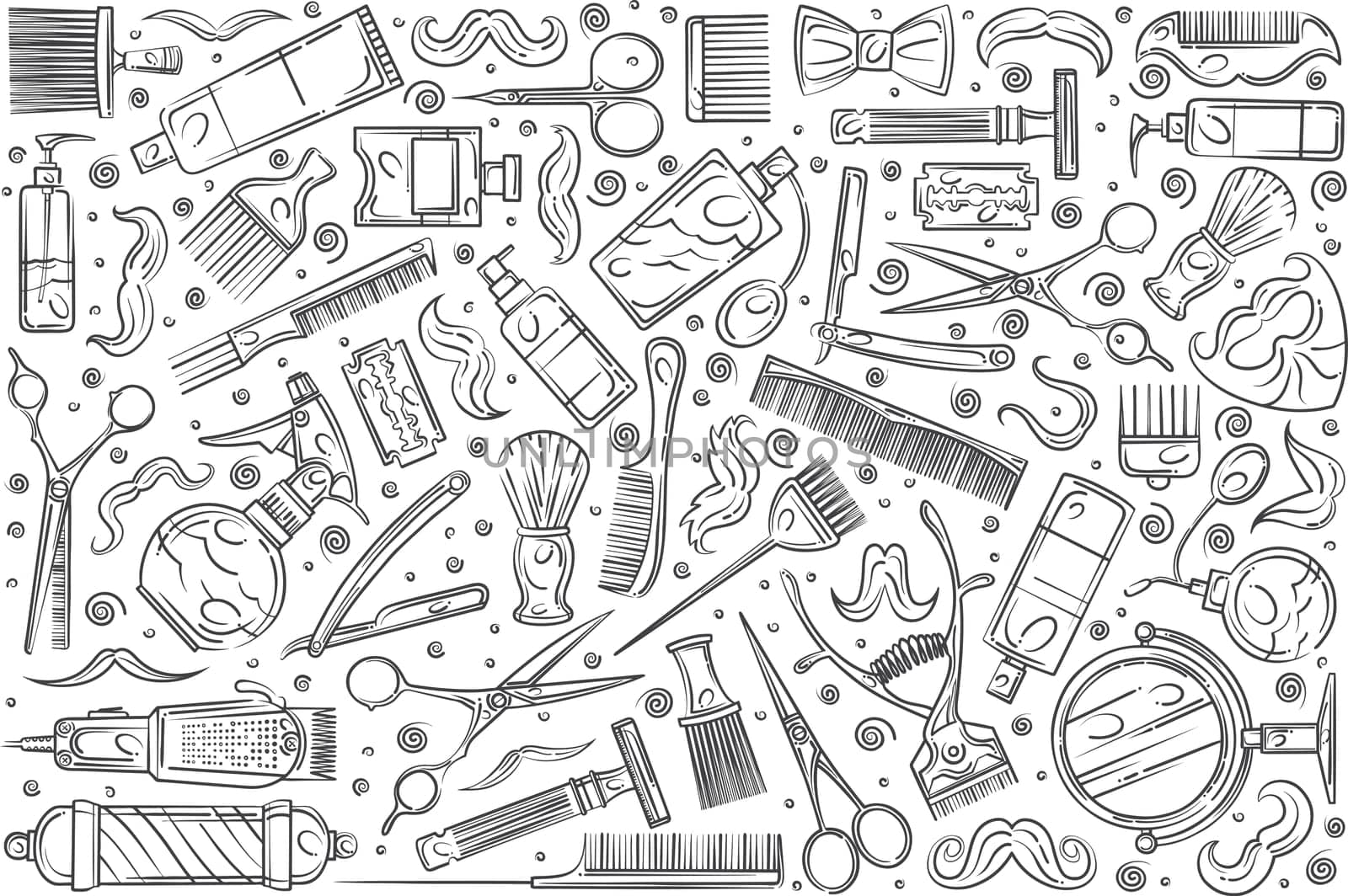 Hand drawn hairdresser tools. Hair styling related equipment doodle set background