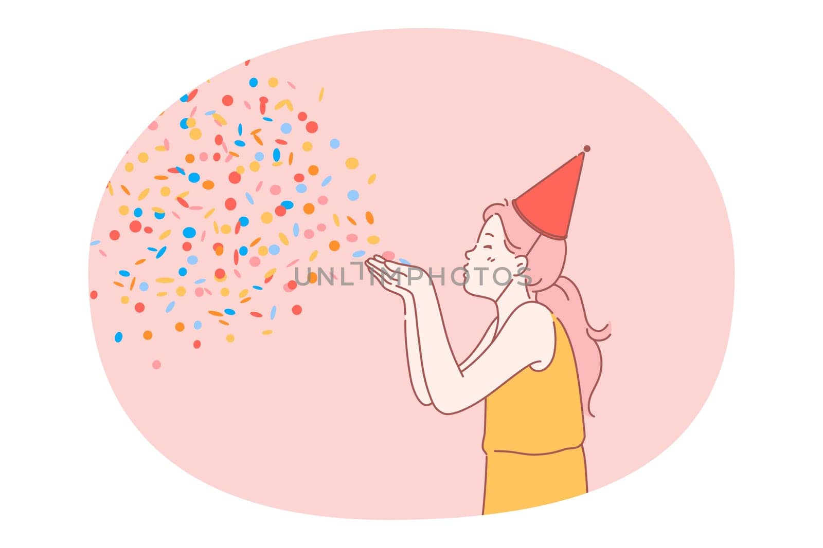 Party, birthday celebration, festive costume concept. Smiling girl cartoon character in dress and festive holiday hat standing and blowing colourful confetti from hands celebrating birthday