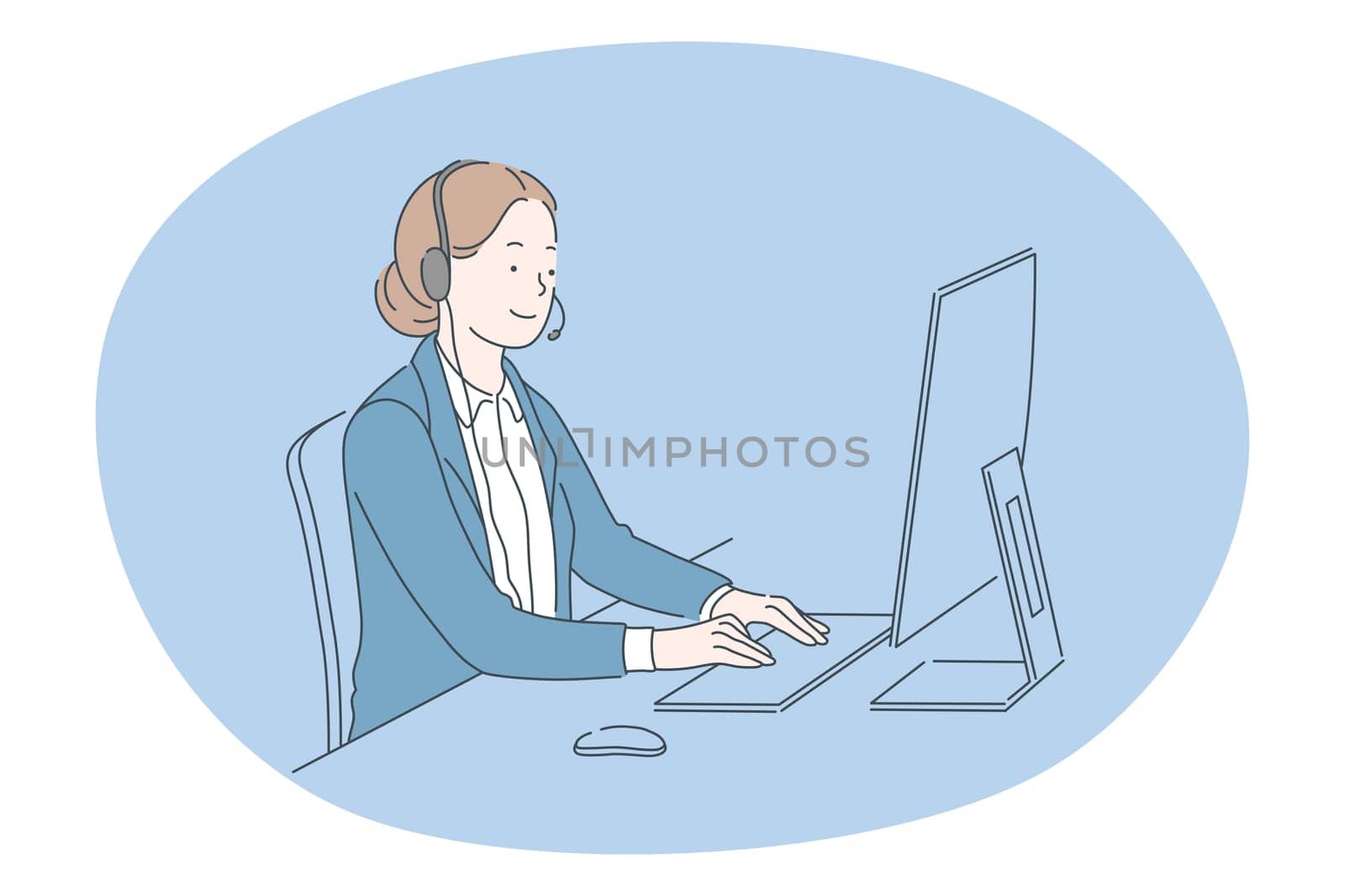 Job, career, working in office concept. Young woman call center operator specialist on headphones working with online calls in office. Job specialist, working sphere illustration