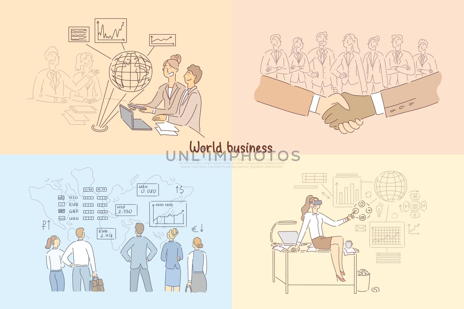 Global trade, digitized business development, international partnership, stock market analytics, global trade banner. World business cartoon concept sketch. Flat vector illustration