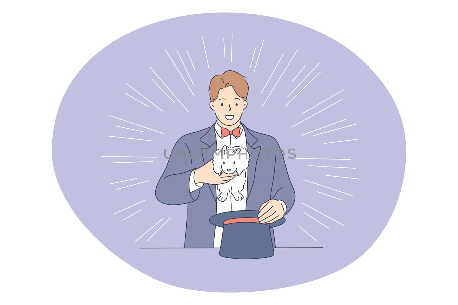 Circus, performance, entertainment concept. Young man magician performer cartoon character showing magic tricks with hat and rabbit during circus show. Leisure, art, performer illustration