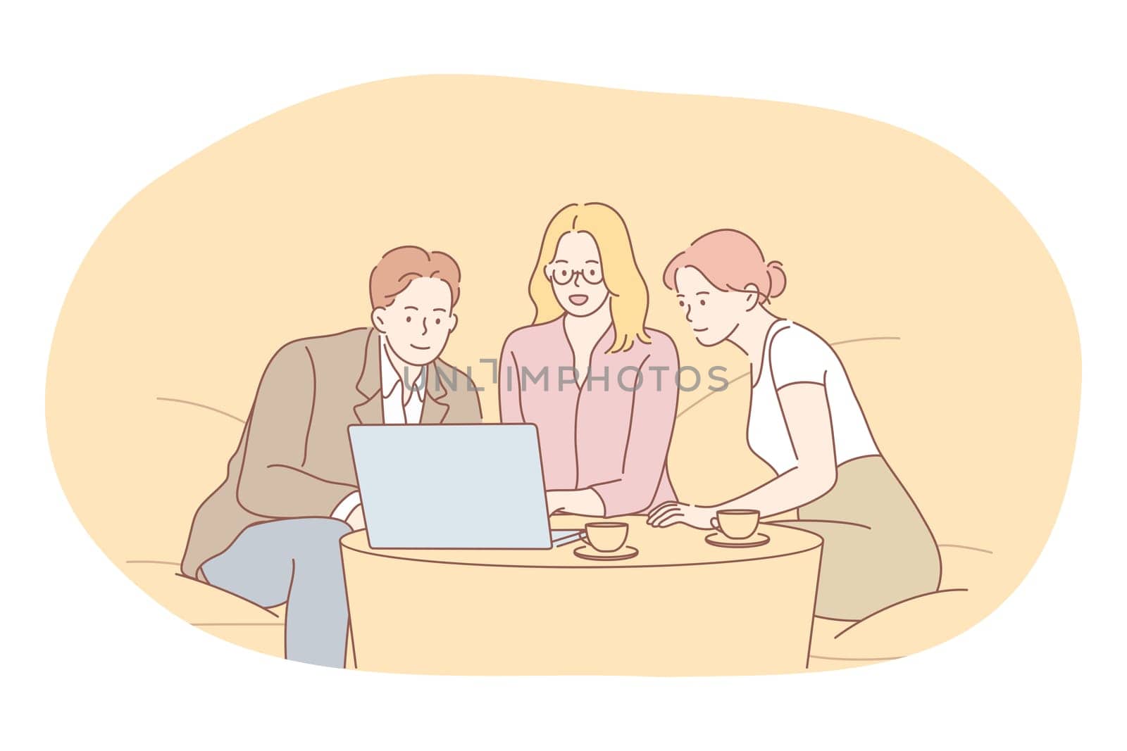 Teamwork, brainstorming, business communication about startup concept. Group of young business people coworkers or partners sitting with laptop and sharing ideas about corporate projects illustration