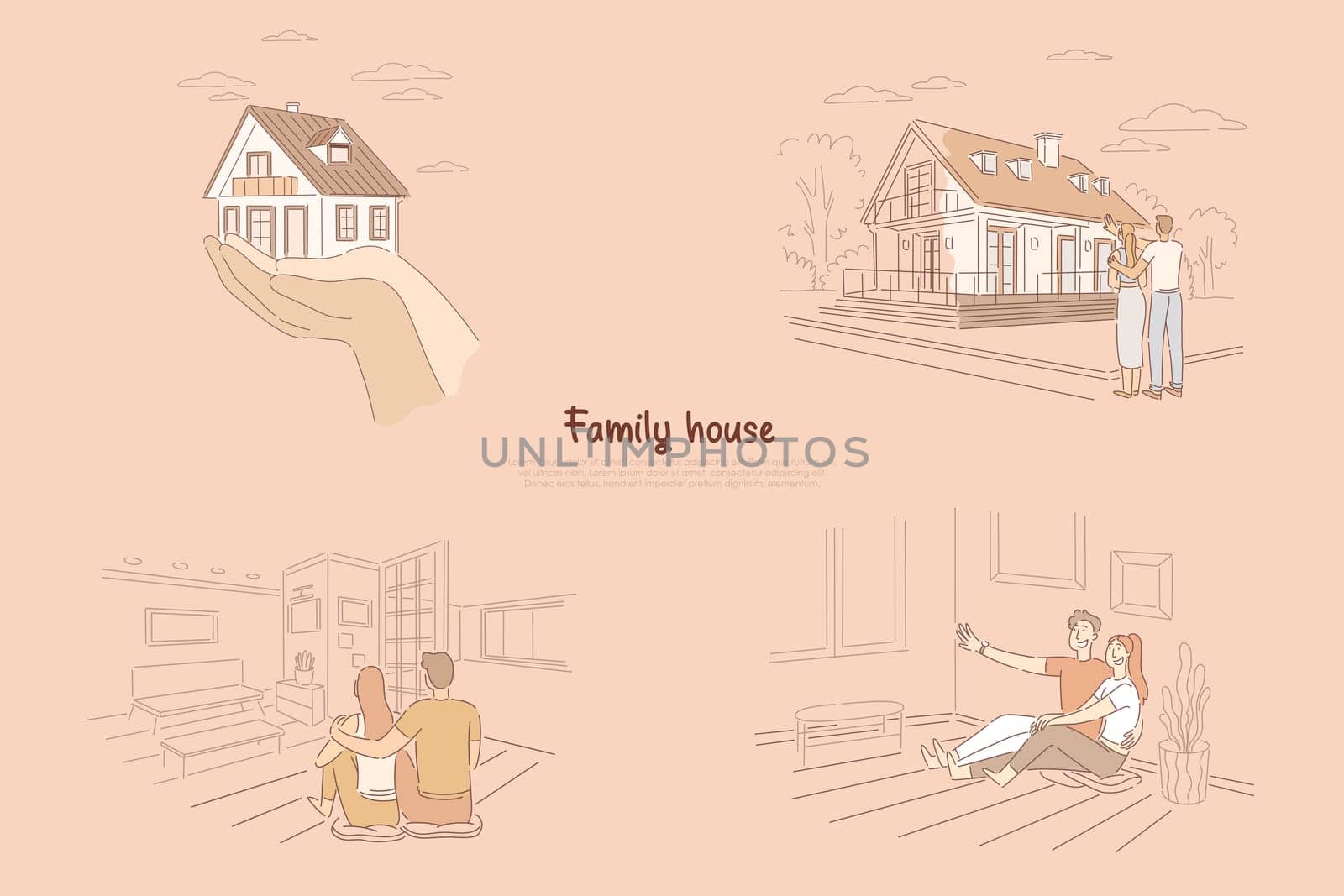 Two hands holding house metaphor, young couple looking at future home, newlyweds sitting in house together banner. Family dream house cartoon concept sketch. Flat vector illustration