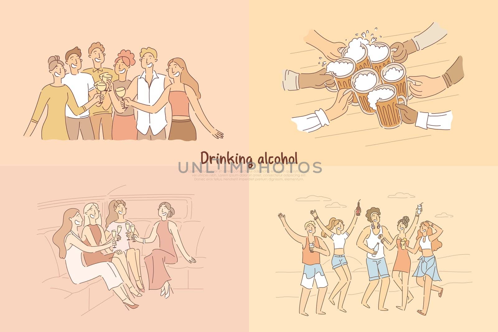 Group of friends having toast at club, pub, girlfriends sitting in elite car having champagne, bachelorette party celebration banner. Drinking alcohol cartoon concept sketch. Flat vector illustration