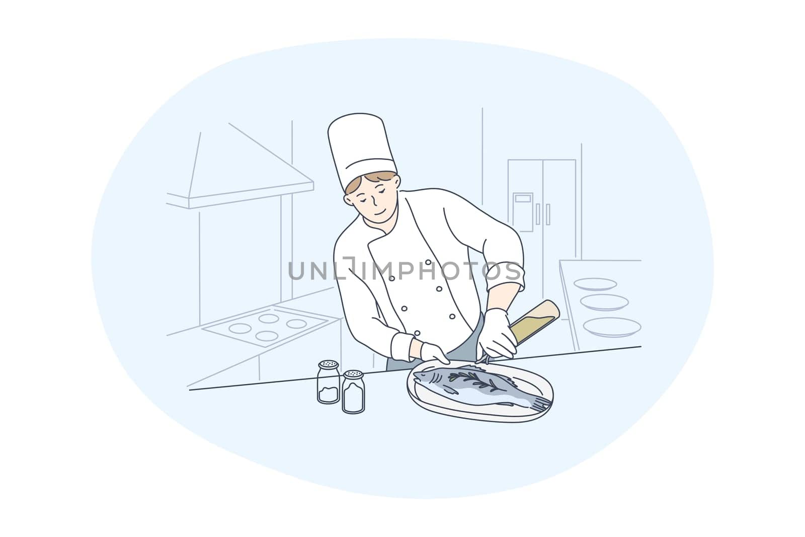Cooking, professional chef, restaurant concept. Young man professional cook in apron and hat cooking fish in kitchen of cafe alone. Gourmet, delicious, tasty, clean eating menu vector illustration