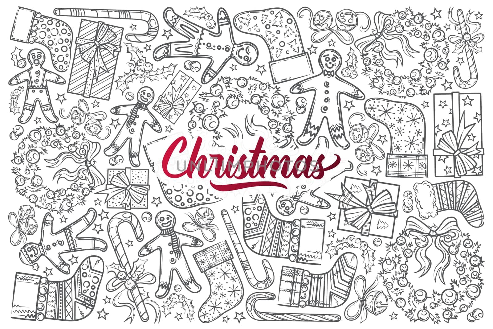 Hand drawn gingerbread, wreath, gift. Bells, socks and other symbols of Christmas doodle set background